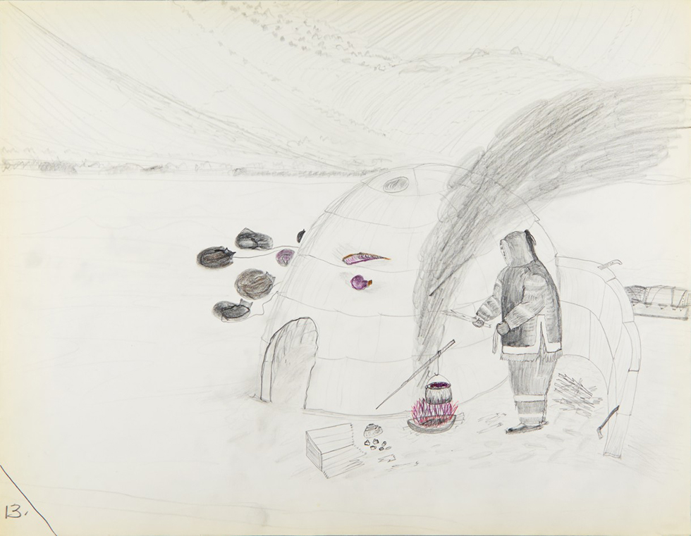 Cornelius (Kooneeloosee) Nutarak (Pond Inlet), Using Blubber to Make Fuel, 1964, graphite, pencil crayon on paper, 50 x 65 cm, Canadian Museum of History, IV-C-6952. Photo via The Agnes Etherington Art Centre.