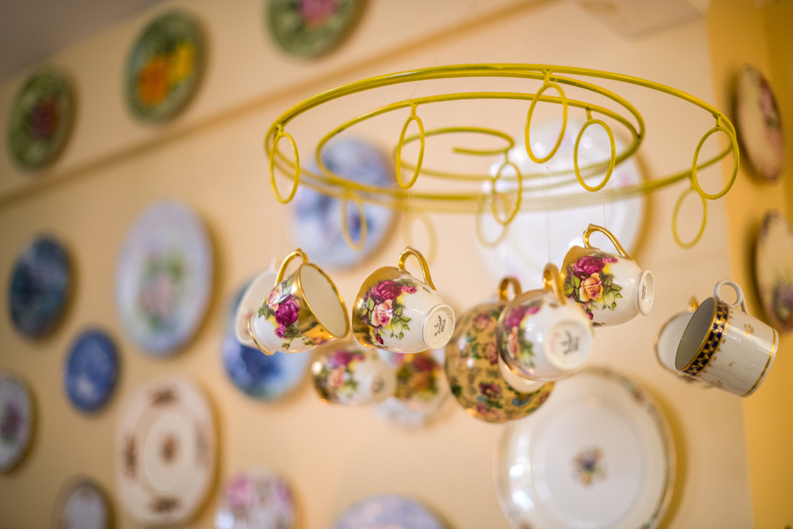 Hanging tea cups and plates